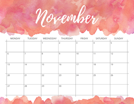 Elegant watercolour bright print ready calendar. November month pink calendar or planner with space for notes.の写真素材