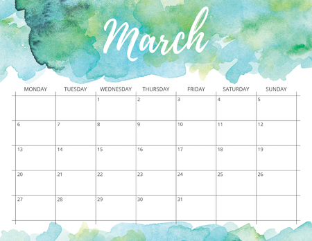 Elegant watercolour bright print ready calendar. March month green calendar or planner with space for notes.の写真素材