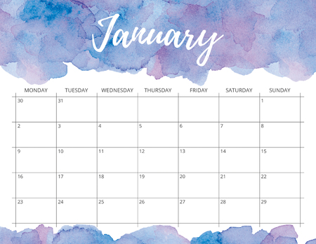 Elegant watercolour bright print ready calendar. January month blue calendar or planner with space for notes.の写真素材