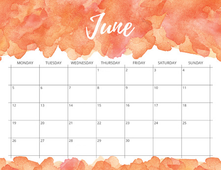 Elegant watercolour bright print ready calendar. June month orange calendar or planner with space for notes.の写真素材