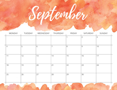 Elegant watercolour bright print ready calendar. September month orange calendar or planner with space for notes.の写真素材