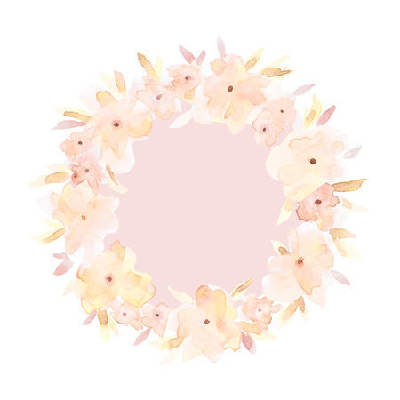 Elegant watercolor abstract floral summer wreath. Feminine trendy flower illustration, art print or card. Stylish pastel autumn colors. Cute arrangement, bouquet and save the date wedding template.の写真素材