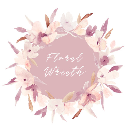 Elegant watercolor abstract floral summer wreath. Feminine trendy flower illustration, art print or card. Stylish pastel autumn colors. Cute arrangement, bouquet and save the date wedding template.の写真素材
