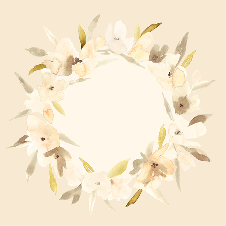Elegant watercolor abstract floral summer wreath. Feminine trendy flower illustration, art print or card. Stylish pastel autumn colors. Cute arrangement, bouquet and save the date wedding template.の写真素材
