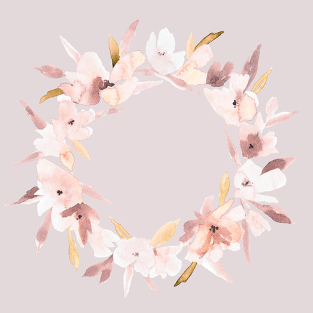Elegant watercolor abstract floral summer wreath. Feminine trendy flower illustration, art print or card. Stylish pastel autumn colors. Cute arrangement, bouquet and save the date wedding template.の写真素材