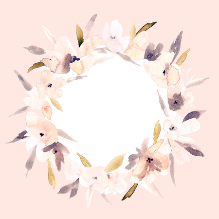 Elegant watercolor abstract floral summer wreath. Feminine trendy flower illustration, art print or card. Stylish pastel autumn colors. Cute arrangement, bouquet and save the date wedding template.の写真素材