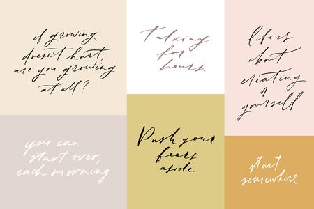 Vector hand written motivational and inspirational quotes. Mindfulness phrases. Stylish t-shirt and apparel prints set. Social media posts collection.のイラスト素材