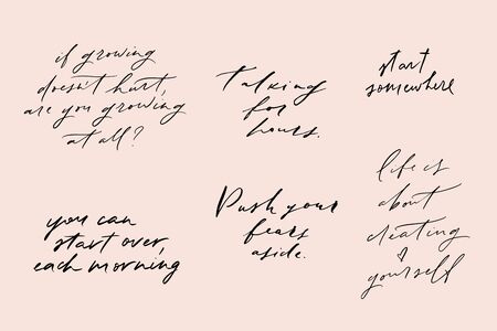 Vector hand written motivational and inspirational quotes. Mindfulness phrases. Stylish t-shirt and apparel prints set. Social media posts collection.のイラスト素材