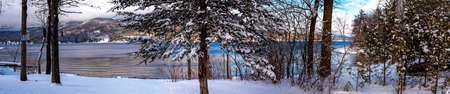 Panoramic view of a lake with trees in winterの写真素材