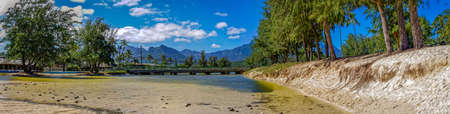 Panoramic view of a small bridge at Oahu