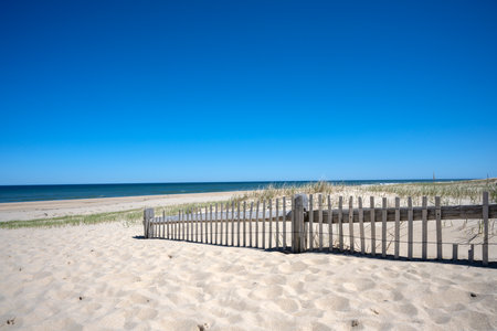 Wooden fence on the beach with dunes and blue sky Cape Cod in springtimeの写真素材