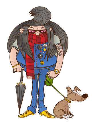 A man with long hair walks her dogのイラスト素材