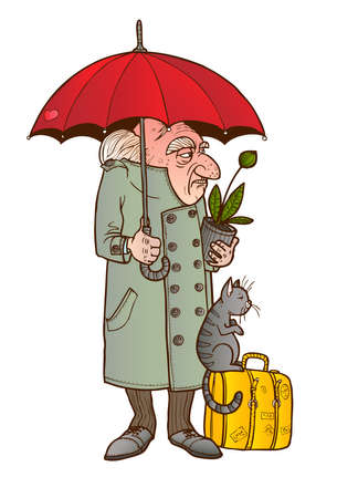 The old man with his cat and luggage stands under an umbrellaのイラスト素材