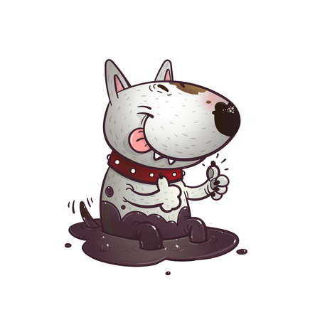 Cheerful Funny Cartoon bullterrier sitting in a puddleのイラスト素材