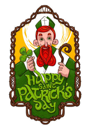 Saint Patrick in wooden wowen frame with stylish signatureのイラスト素材