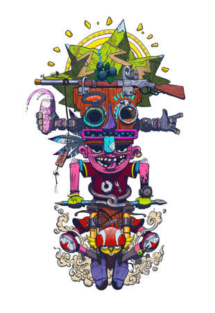 Wooden mountain biker totem tribute to alps with right acessoriesのイラスト素材