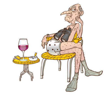 An old man sits in a chair with binocularsのイラスト素材