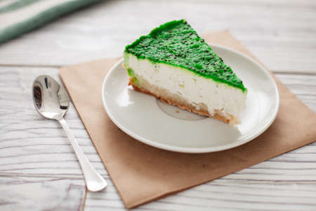 cake green spoon paper wooden sweety plateの写真素材
