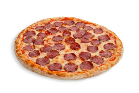 Italian salami pizza white whole backed mealの写真素材