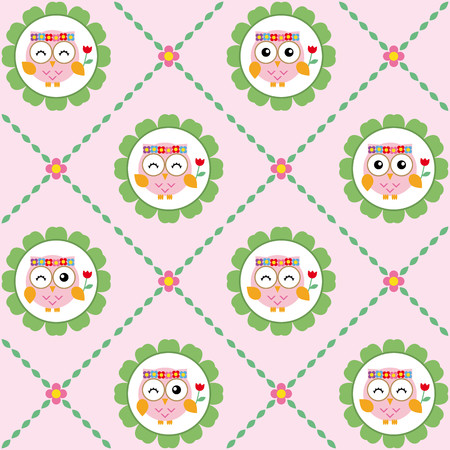 Owls pattern with flowers and leaves on pink backgroundのイラスト素材