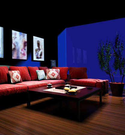 Interior fashionable living-room rendering 
