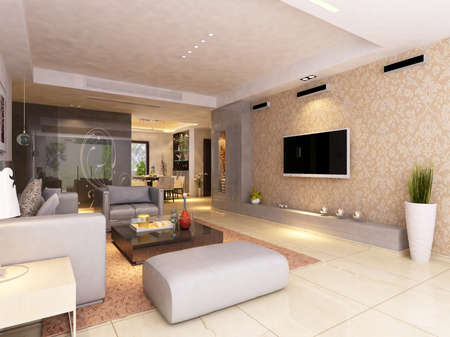 Interior fashionable living-room rendering 