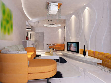 Interior fashionable living-room rendering 