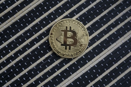 Golden Bitcoins. New virtual money.の写真素材