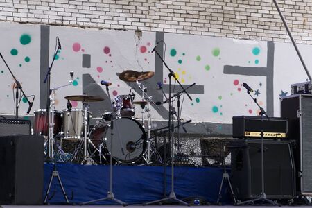 musical instruments on stage in a concert hallの写真素材