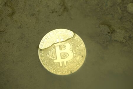 Golden bitcoin coin under water in a puddle crypto currency background concept.の写真素材