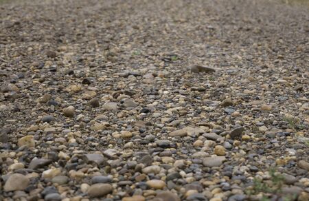 Detail of surface texture with small pebble rock on dirty ground.