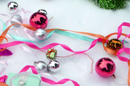Christmas balls. and satin ribbonsの写真素材