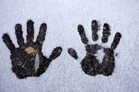 Left and right human prints in the snow.の写真素材