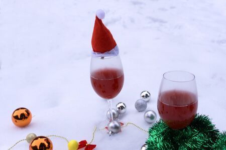 alcoholic beverage. wine, Branches, pine needles. Christmas atmosphere. The new year holidays. new year.の写真素材