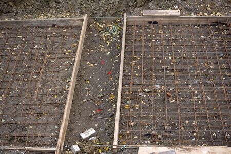 Reinforcement metal framework for concrete pouring. Ready for filling up with concrete - foundation...