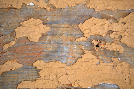Texture of a peeling yellow paint on an old wooden surfaceの写真素材