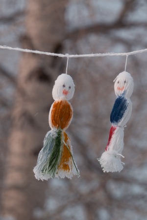 Decorated christmas tree on street with balls, toys, lamps and garlandsの写真素材