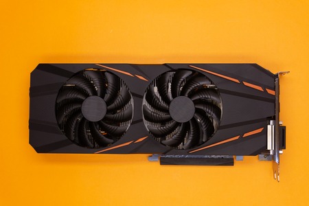 Modern graphic video card on red background
