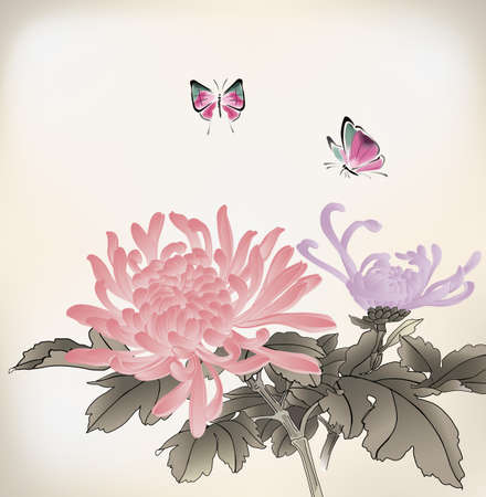 mum and butterfly  chinese style paintingのイラスト素材