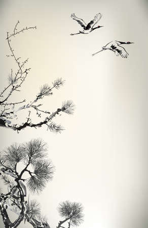 Ink style Pine Tree and birdsのイラスト素材