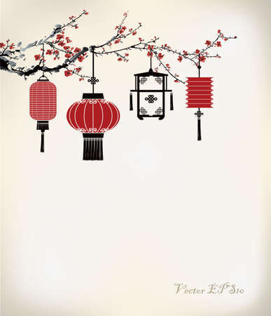 Chinese Lantern hang on cherry treeのイラスト素材