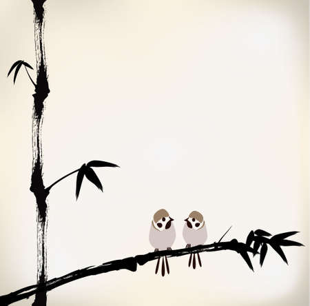 ink painted bamboo and birdのイラスト素材
