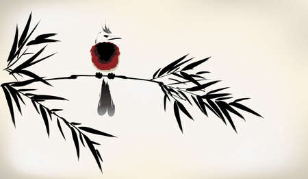 ink painted bamboo and birdのイラスト素材