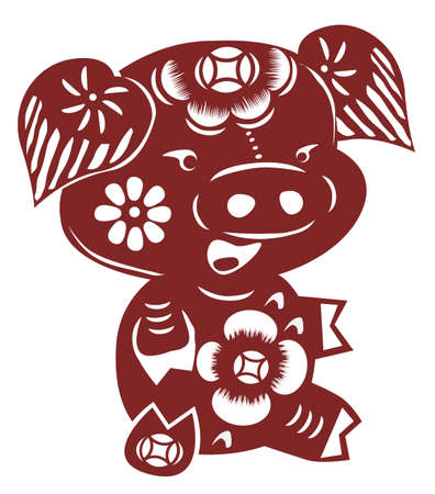 Chinese cartoon pig paper cutのイラスト素材