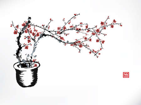 cherry bolssom pot, ink paintingのイラスト素材