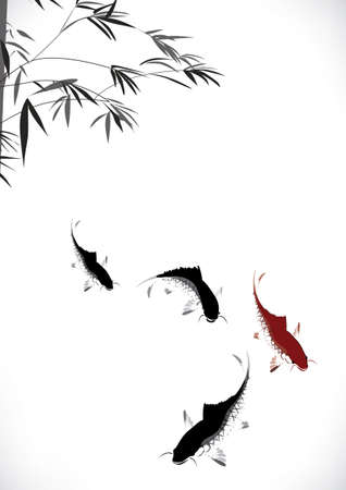  black and red carp and bambooのイラスト素材