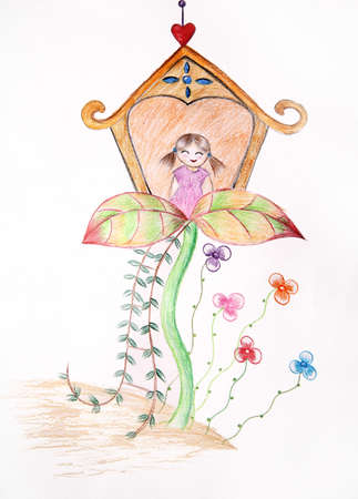 kid's drawing - girl in tree houseの写真素材