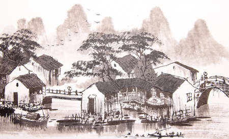 Chinese drawing water townの写真素材