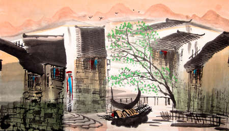 Chinese drawing water townの写真素材