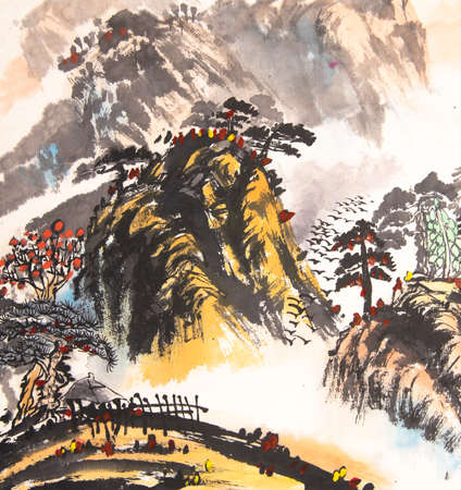 Chinese landscape watercolor paintingの写真素材